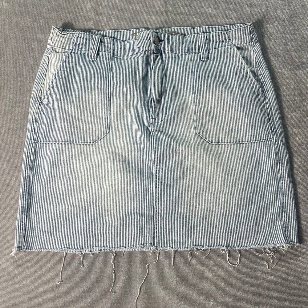 Seven7 Womens Utility Mini Skirt Size 14 Blue White Hickory Stripe Raw Hem Denim